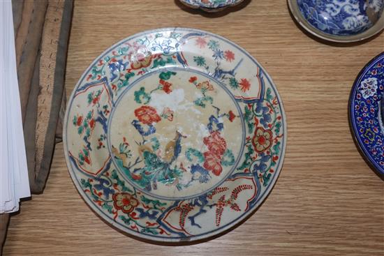 Two Persian Chinese enamel bowls and saucer, a blue and white vase, another plate and a dish